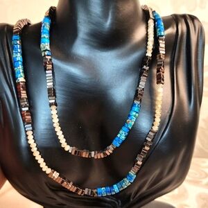 VINTAGE 1980s Hematite Turquoise Dyed Jade Gemstone Necklace Long Layered Look